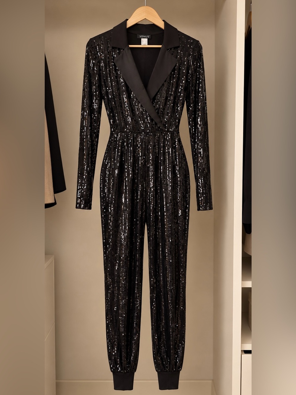 VENUS Black Sequin Jumpsuit with Satin Lapel